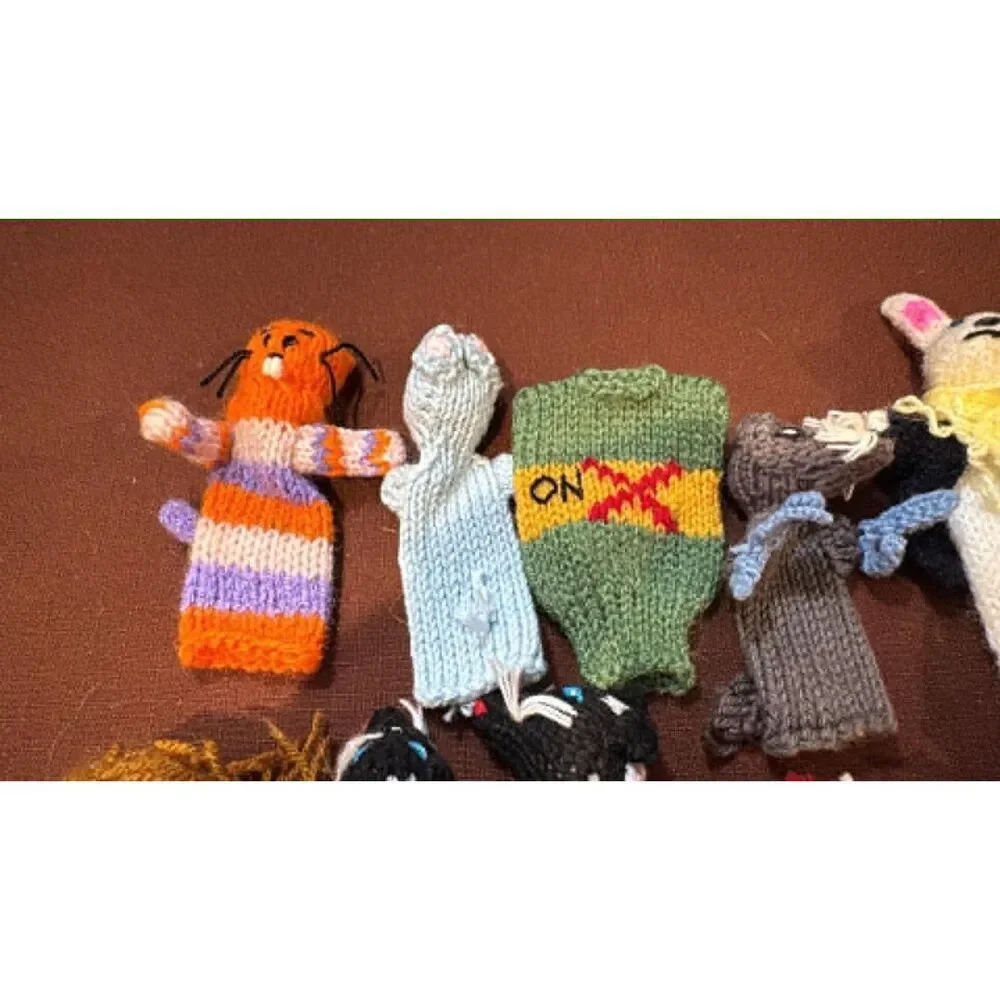Lot of 22  Knitted  Finger Puppets People Coffee Pot Animals